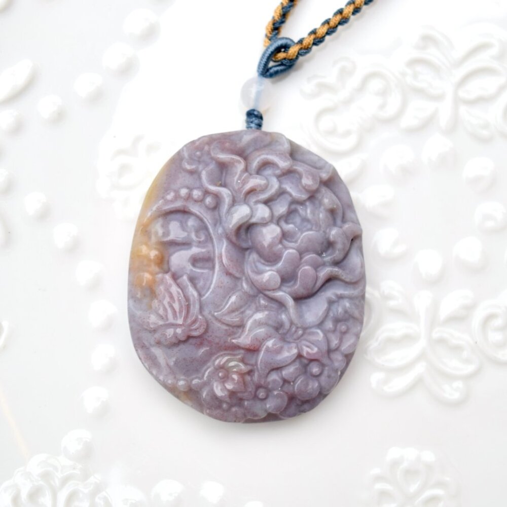 Purple Ocean Agate Pendant Rope Necklace - Butterfly